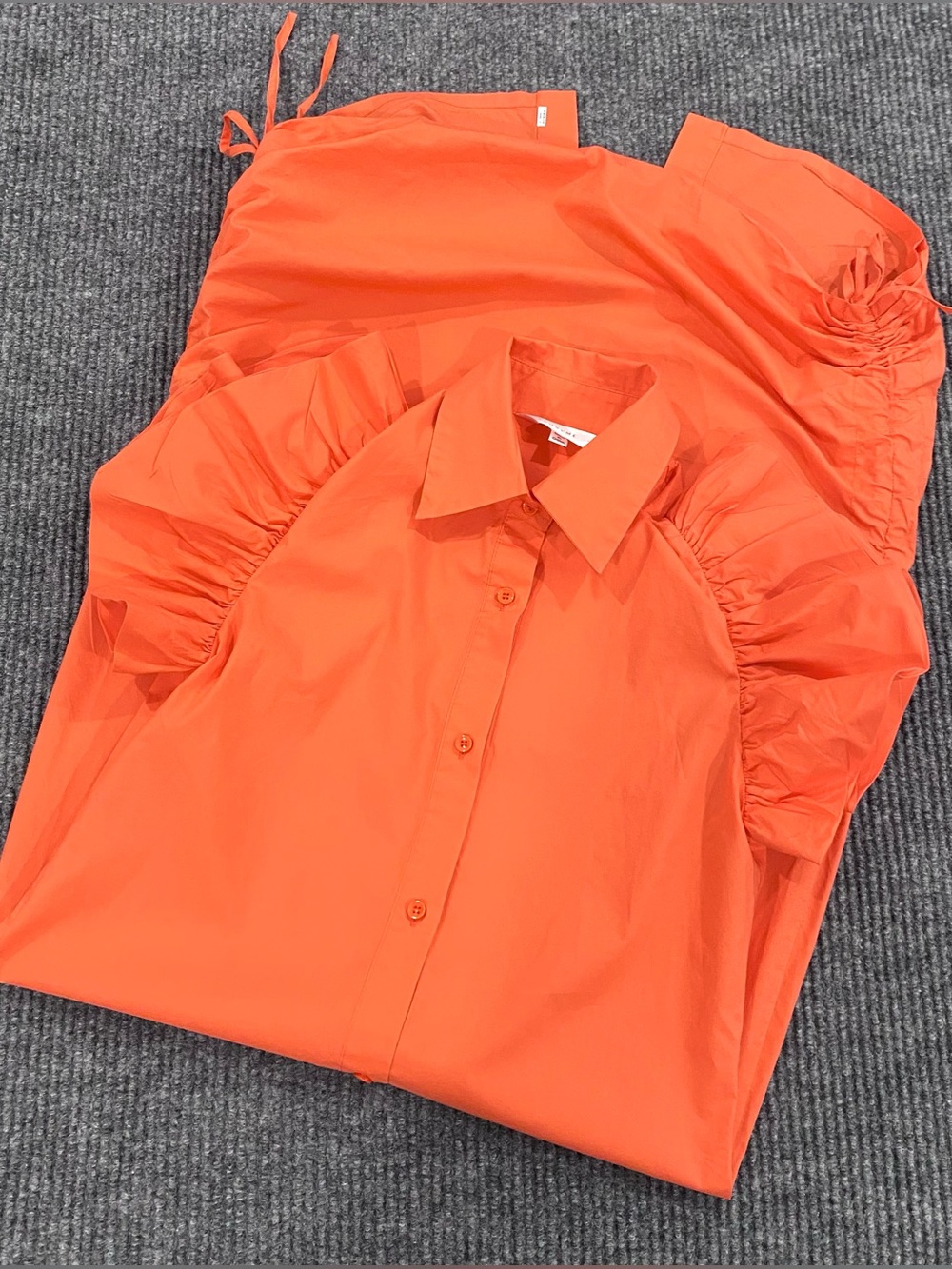 Anonyme Shirt Dress Orange Collared Ruffle-Sleeve Side-Ruched Women’s Size S